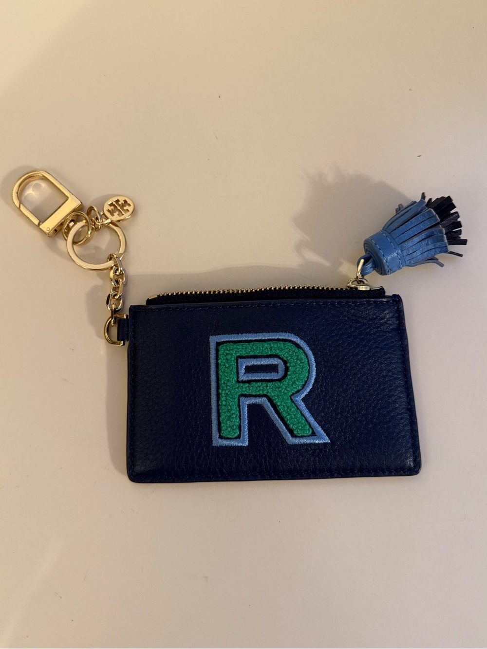 Tory Burch Navy Leather Coin Pouch with Green 'R' Patch & Tassel Keychain